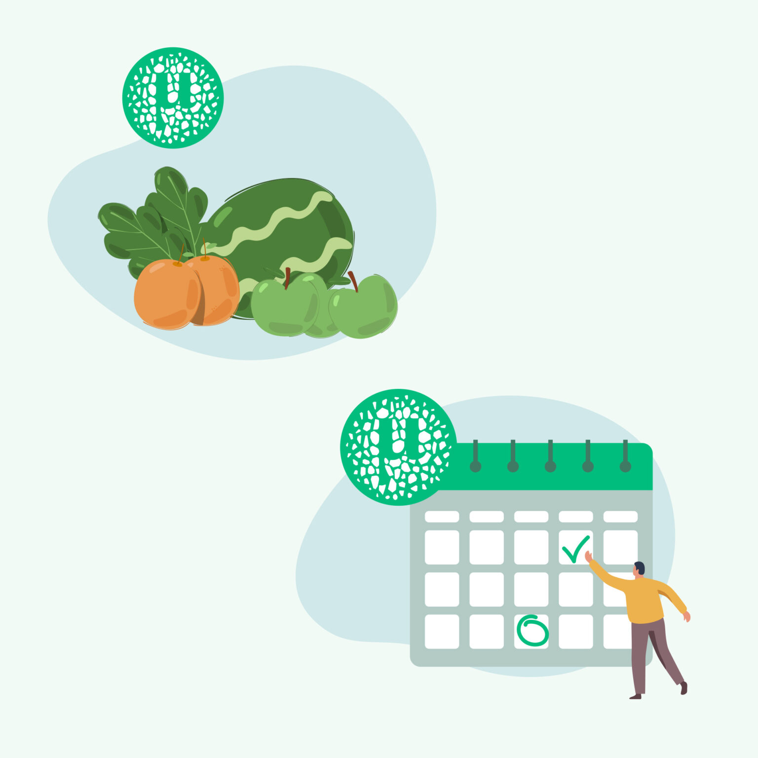 Illustrationen von Obst und einem Kalender